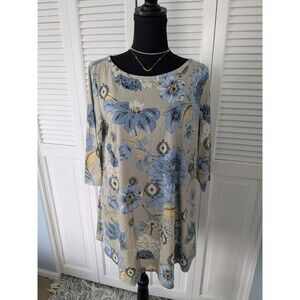 DG2 Diane Gilman Top Women's L Taupe Blue Botanical Swing Tunic Stretch Casual